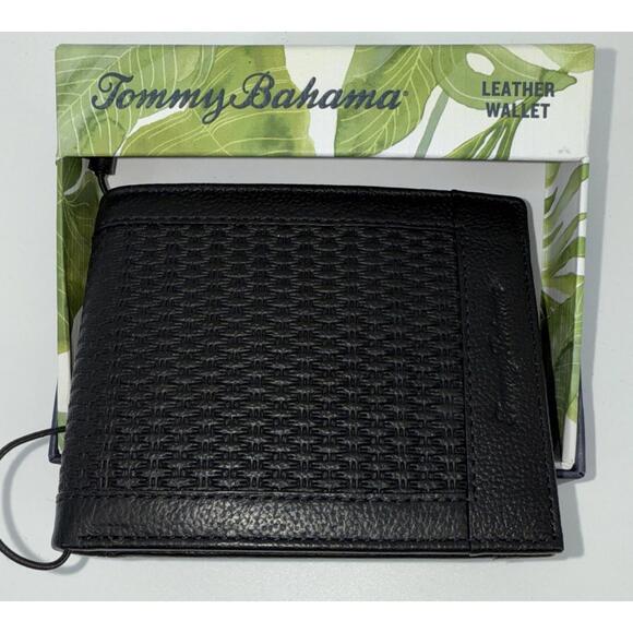 Tommy Bahama Bifold Wallet Basket Weave Black Embossed Leather NIB - Picture 1 of 7